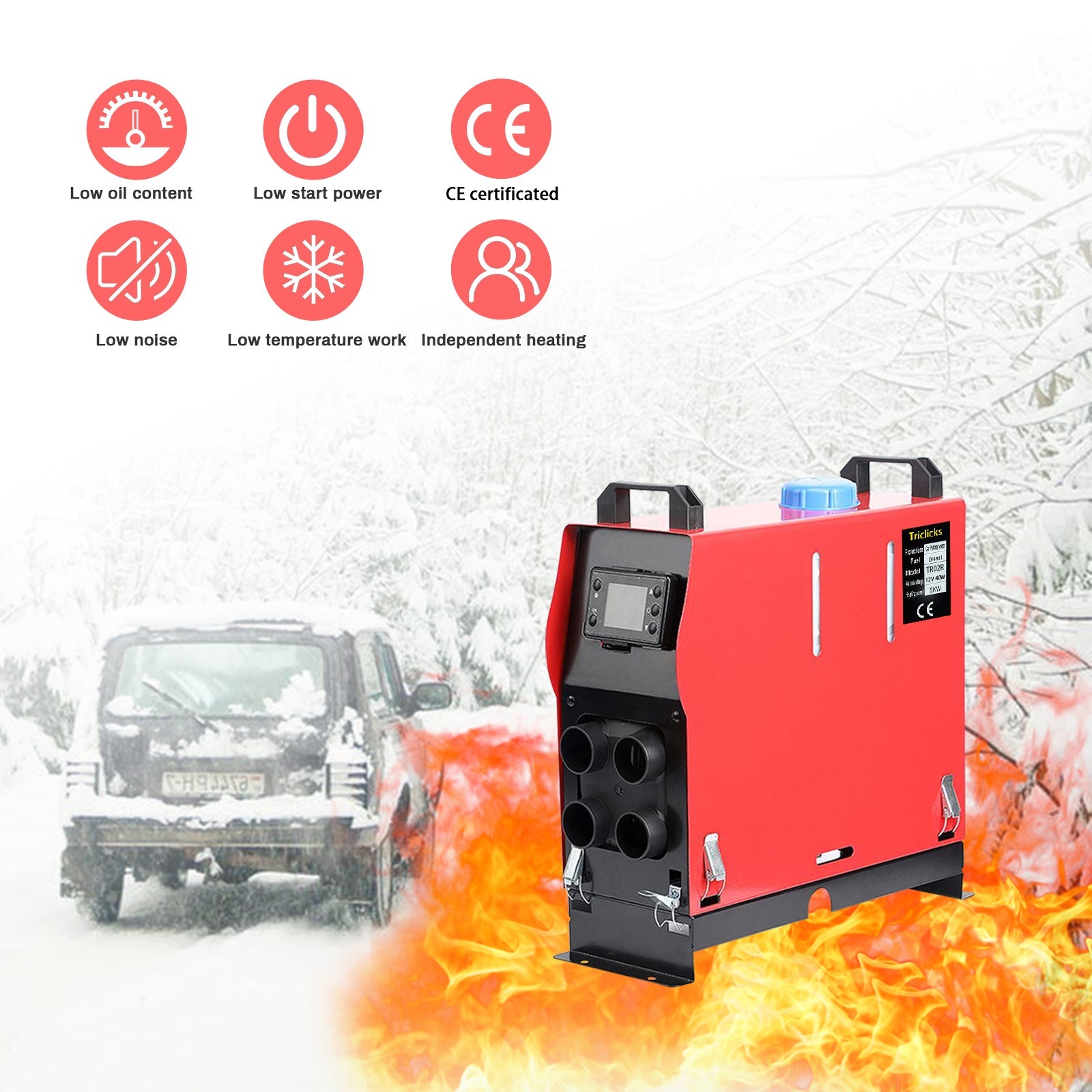 Triclicks All-in-one Red Diesel Air Car Heater 5KW 12V 4 Holes - 02R
