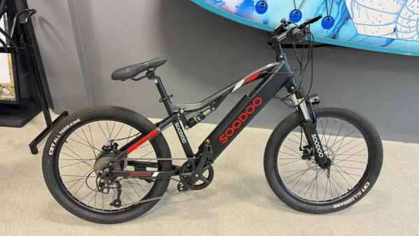 SOODOO Racing Electric Bike | Full Dual Suspension Mountain Electric Bike | Red Electric mountain Ebike