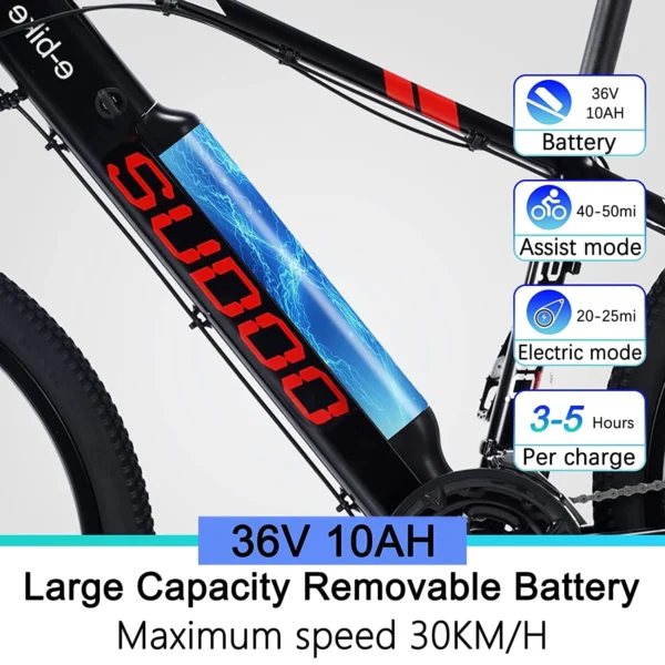 SOODOO Electric Bike | Red Warrier 26" Electric Mountain Pedal E-Bike | 36V12A Battery with Integrated wheels | - Image 5